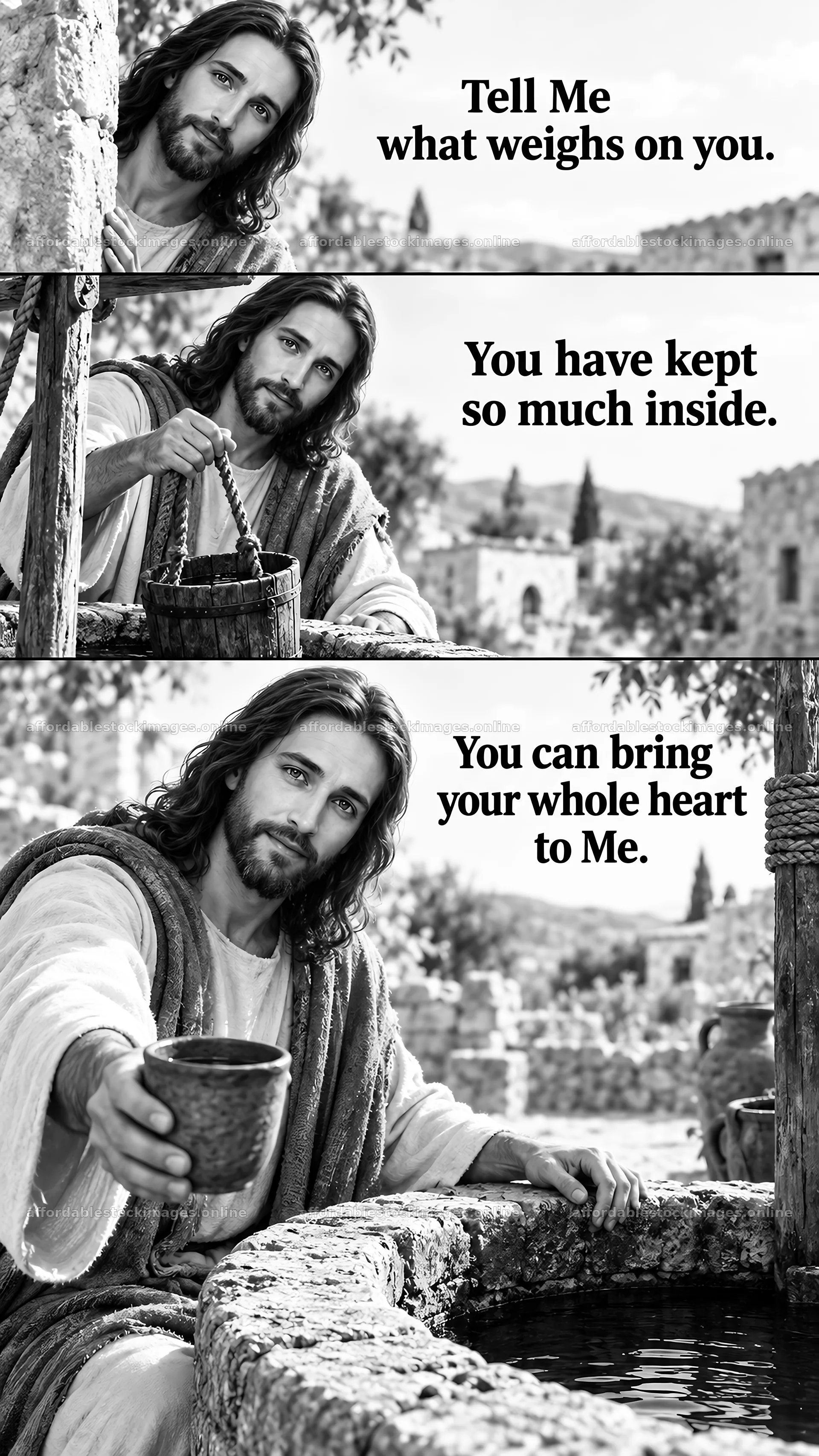 Jesus Christ invites sharing burdens by the well – stock images 5811x10326