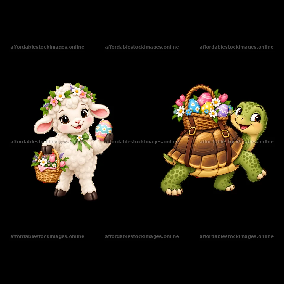 Cute lamb and turtle with Easter baskets in decorative – stock images 7746x7746