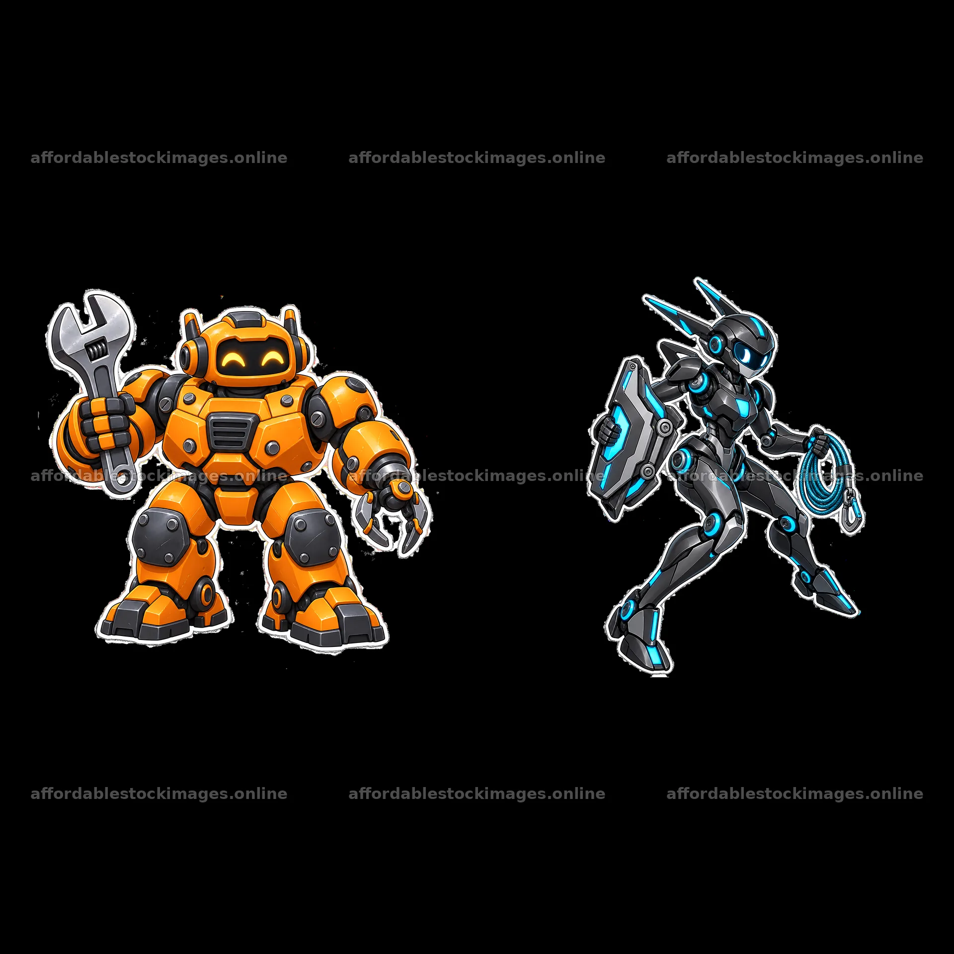 Colorful mech robots in dynamic poses with tools and weapons – stock images 7746x7746