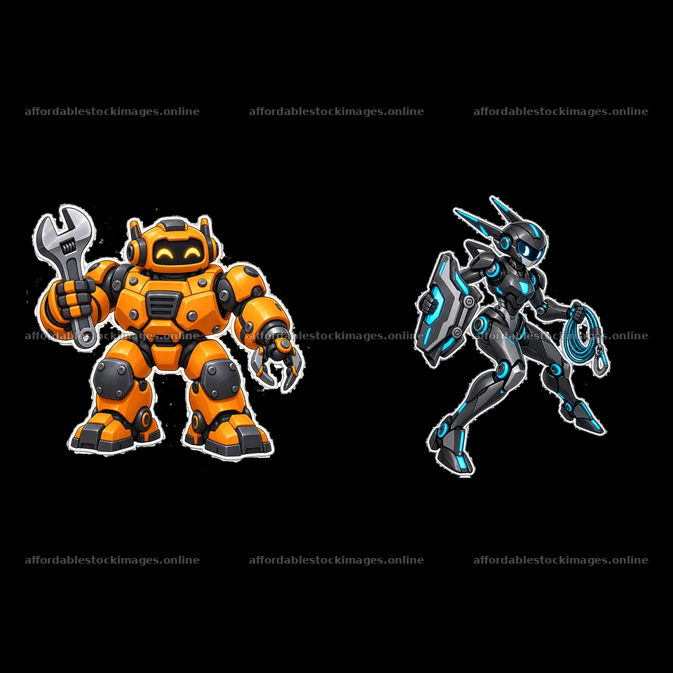 Colorful mech robots in dynamic poses with tools and weapons – stock images 7746x7746