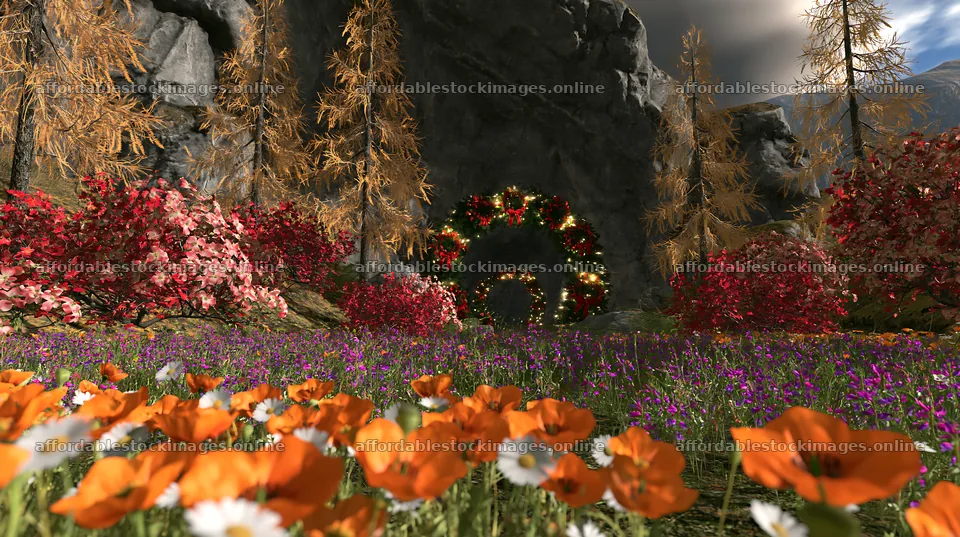 Christmas wreaths in meadow near cave with flowers – stock images 10608x5938