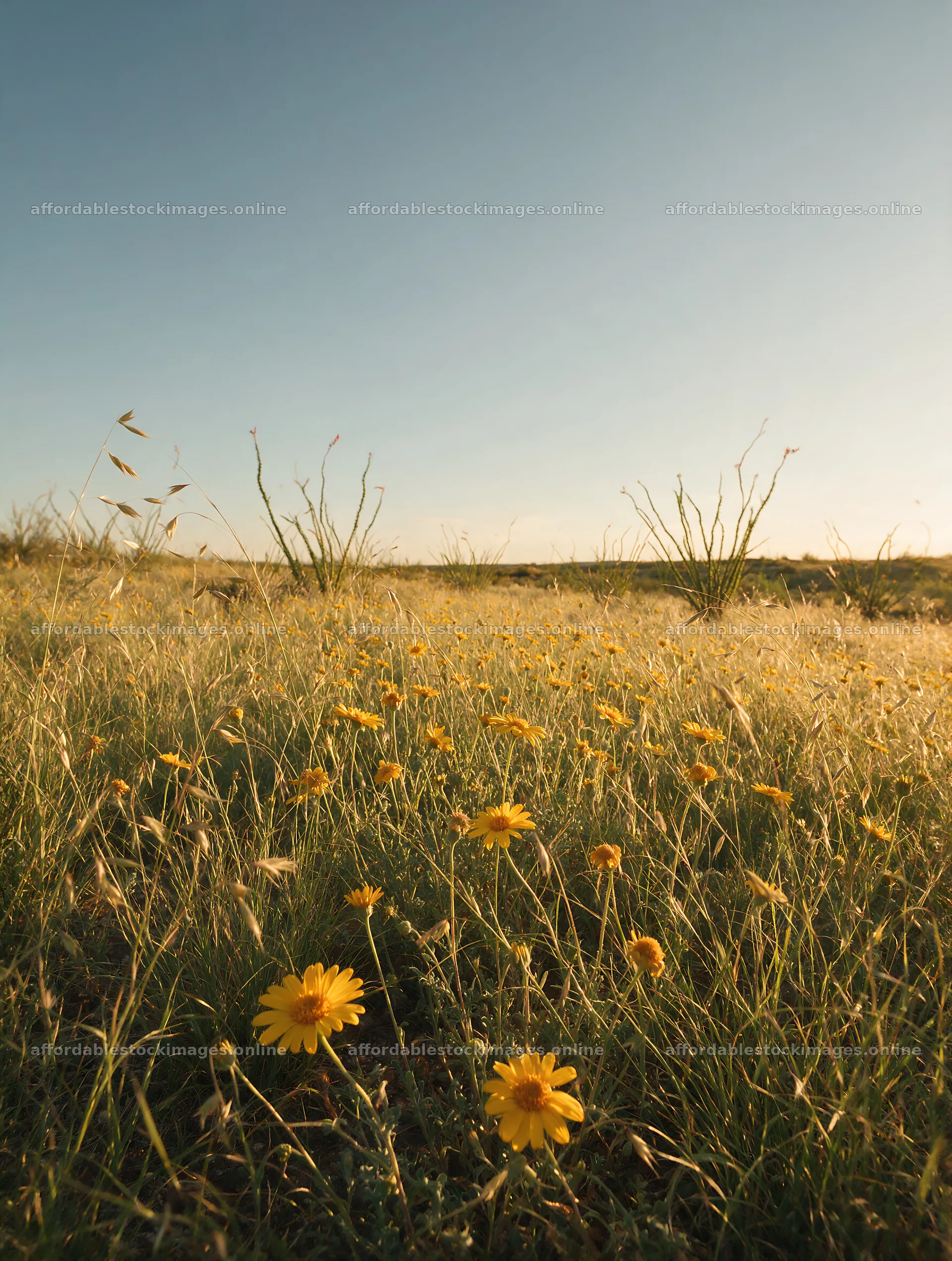 Drought-tolerant meadow with yellow flowers in open field – stock images 6898x9134