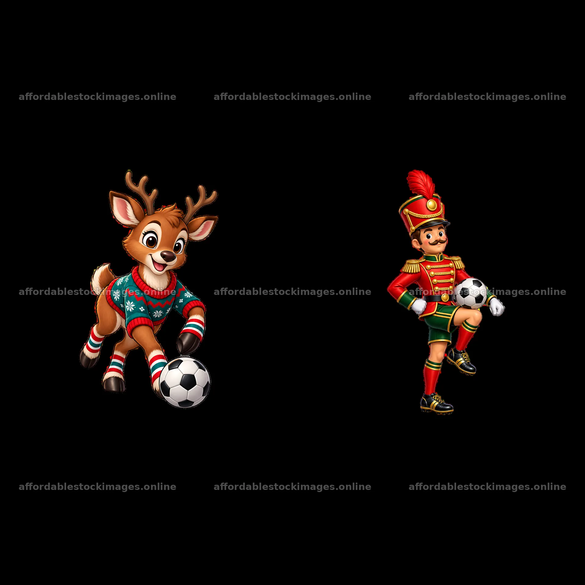 Soccer-playing reindeer and toy soldier with a soccer ball – stock images 7746x7746