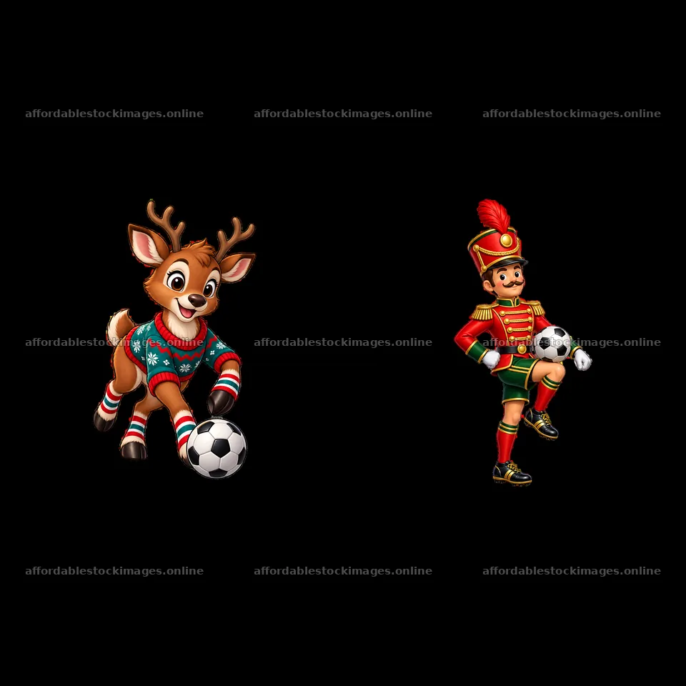 Soccer-playing reindeer and toy soldier with a soccer ball – stock images 7746x7746