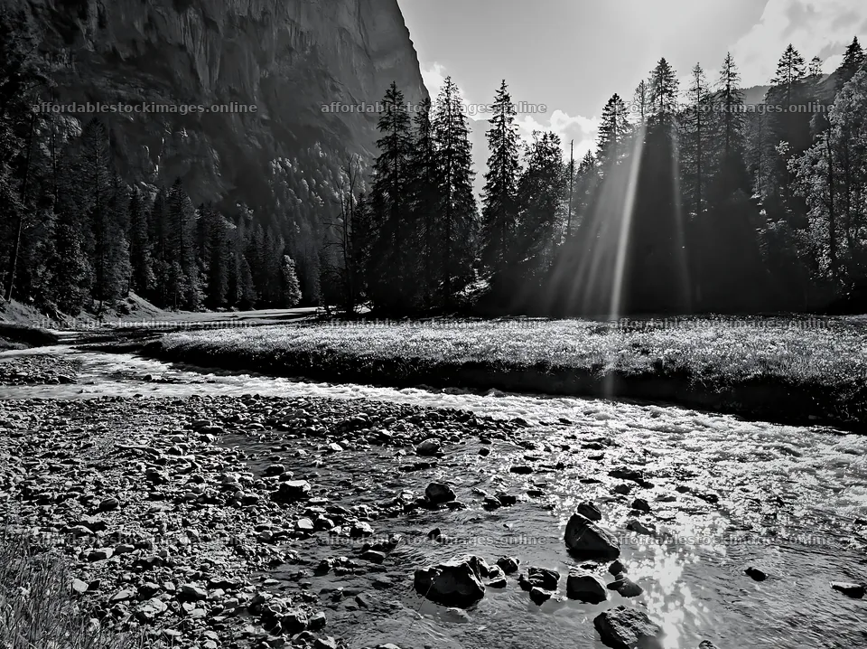Light rays over Lauterbrunnen Valley meadow and river – stock images 9174x6866