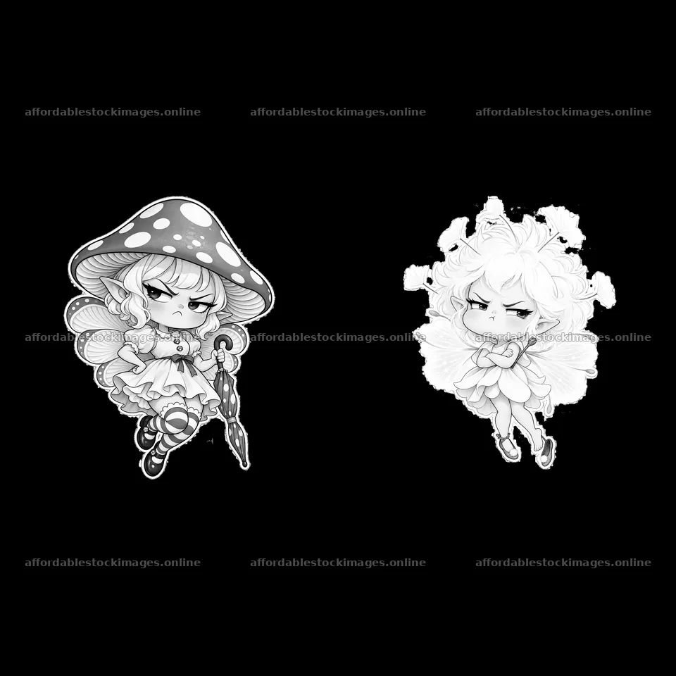 Kawaii grumpy fairy duo with mushroom and umbrella in black and – stock images 7746x7746