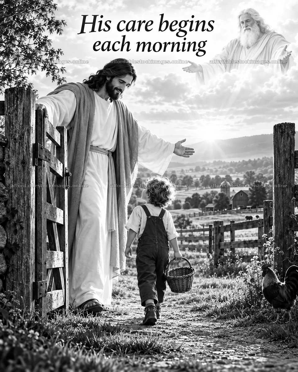 Jesus Christ welcoming a child in a serene farm setting – stock images 6930x8659