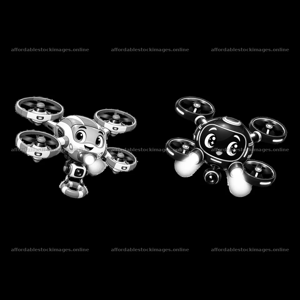 Cartoon drones with facial features and propellers flying – stock images 7746x7746