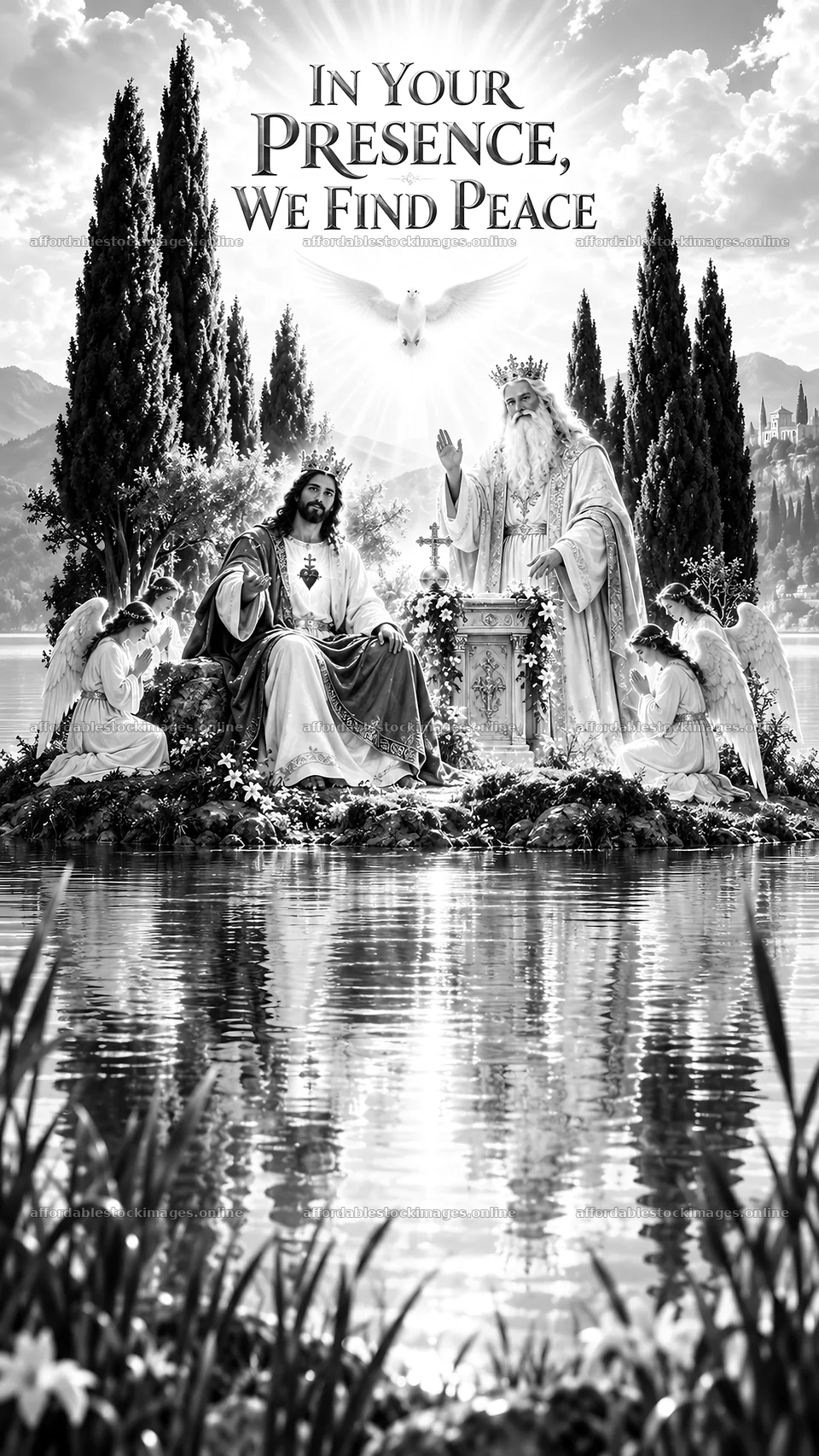 Jesus Christ in a peaceful setting with God and angels – stock images 5811x10326