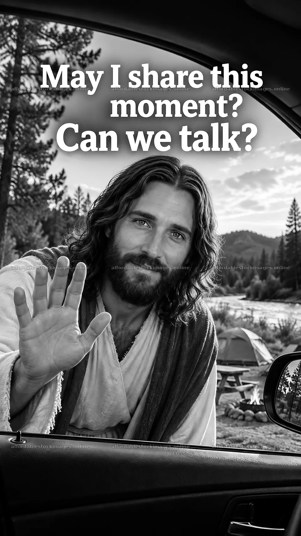 Jesus Christ inviting conversation by a lakeside – stock images 5811x10326