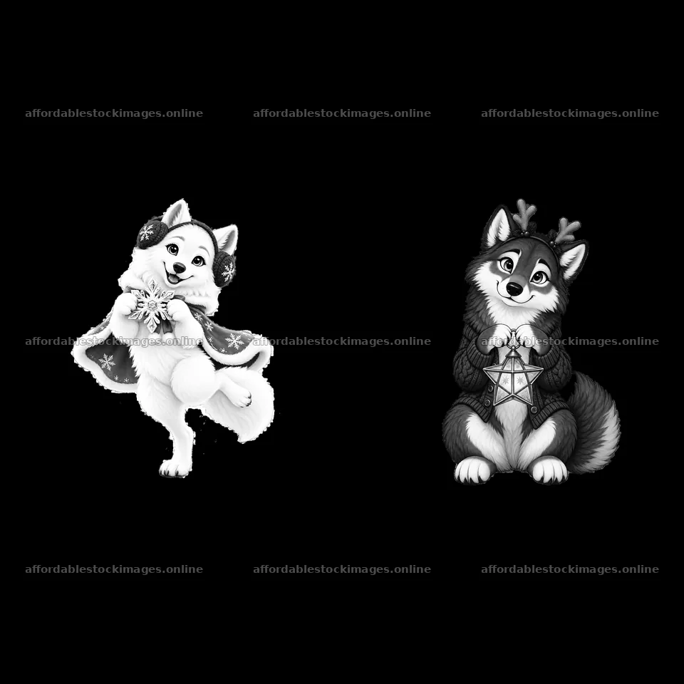 Christmas wolves holding ornaments and star decorations – stock images 7746x7746