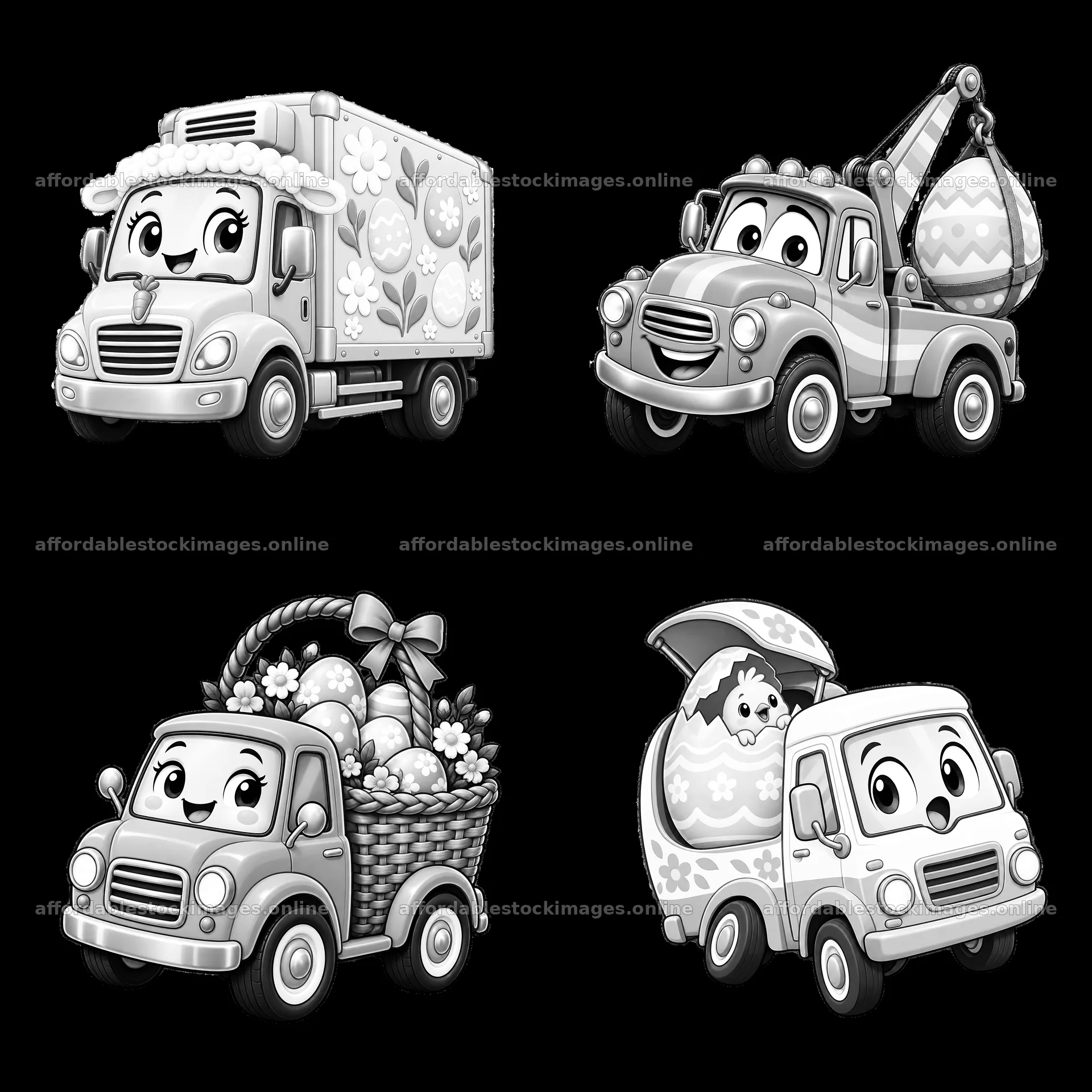 Easter trucks with eggs and a cute animal in a 2x2 layout – stock images 7746x7746