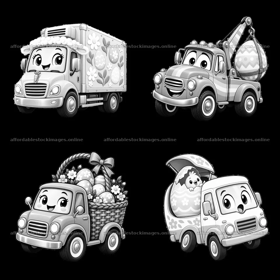 Easter trucks with eggs and a cute animal in a 2x2 layout – stock images 7746x7746