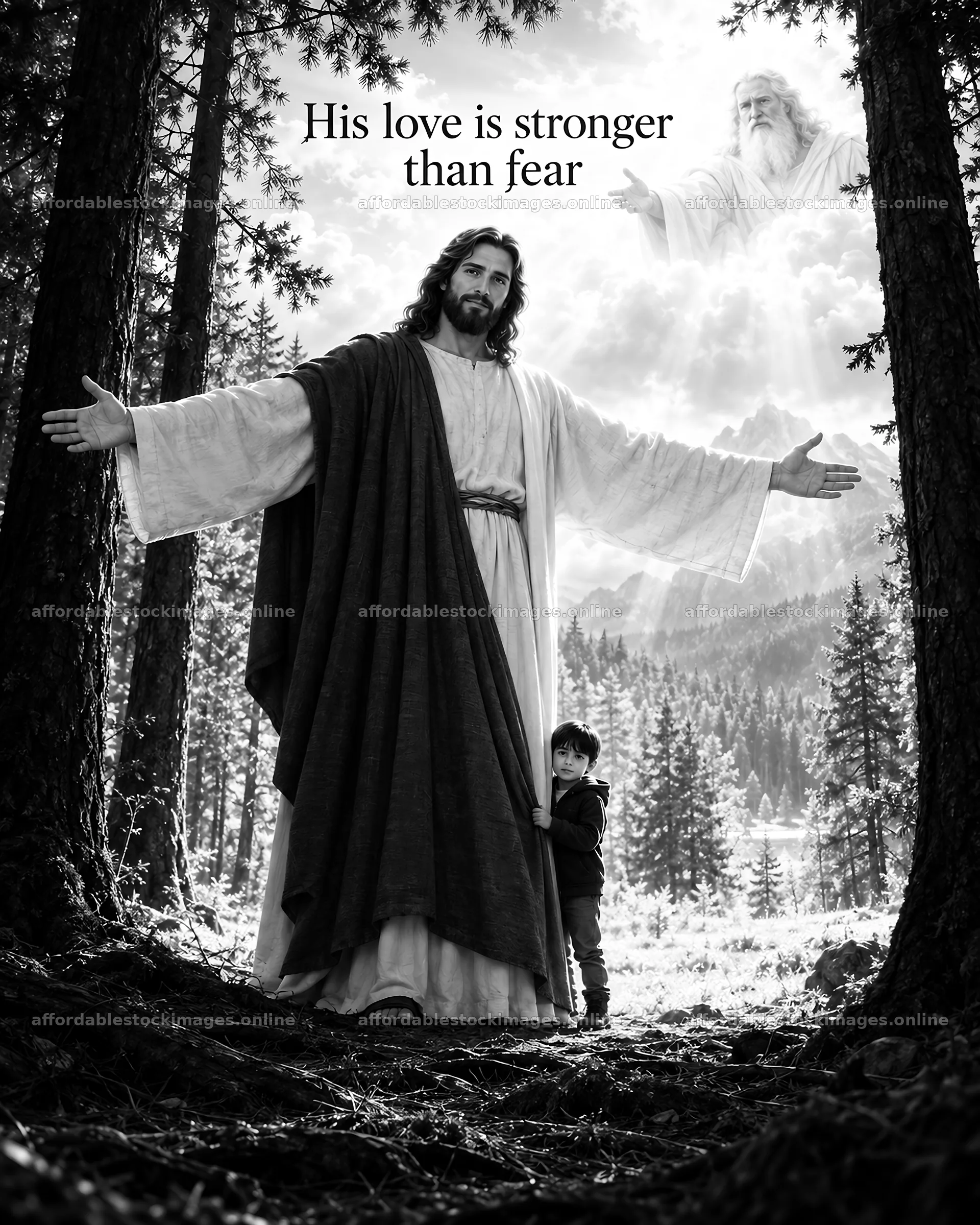Jesus Christ welcoming a child in a forest setting – stock images 6930x8659