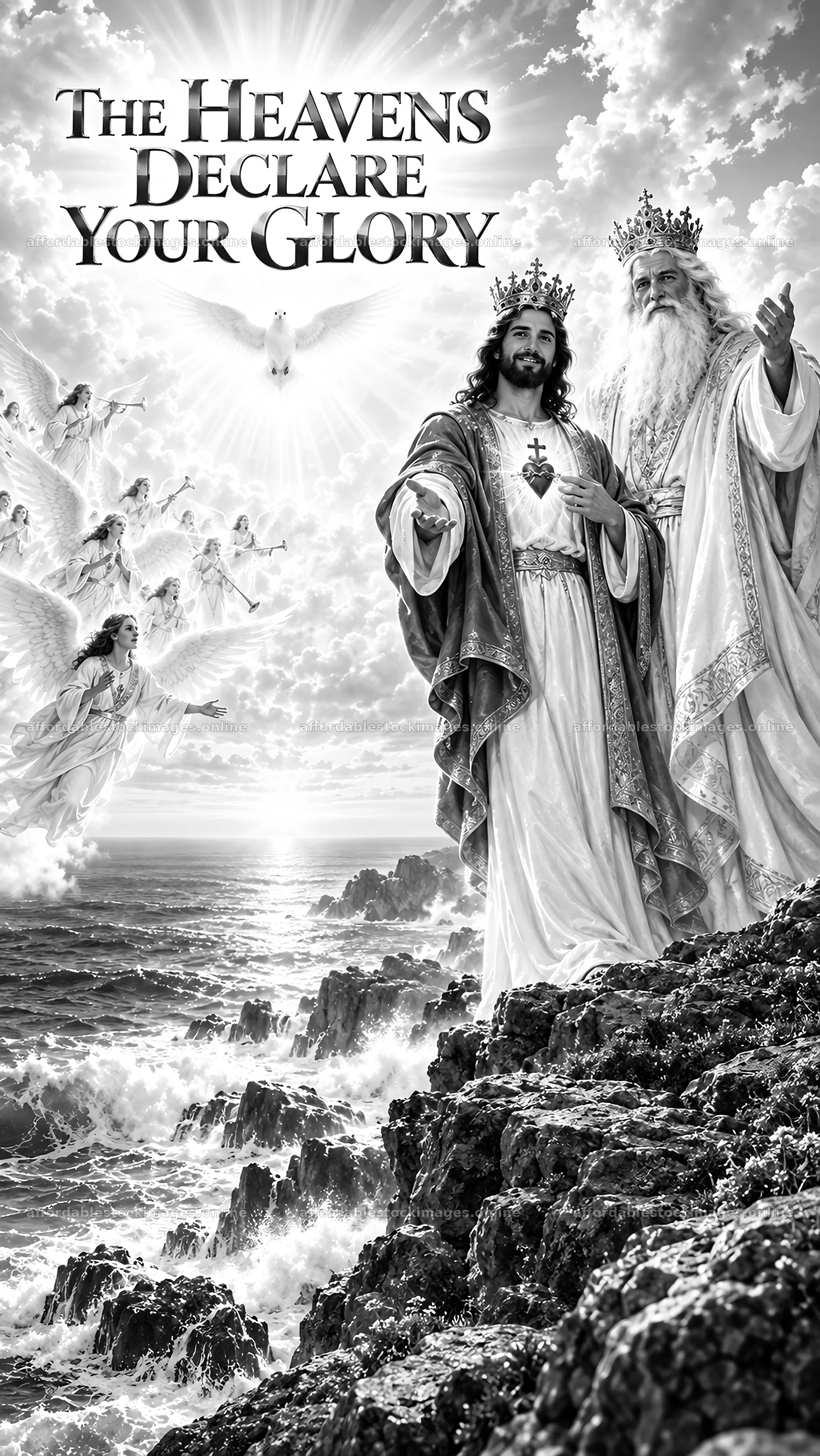 Jesus Christ and God the Father on a rocky shore – stock images 5811x10326