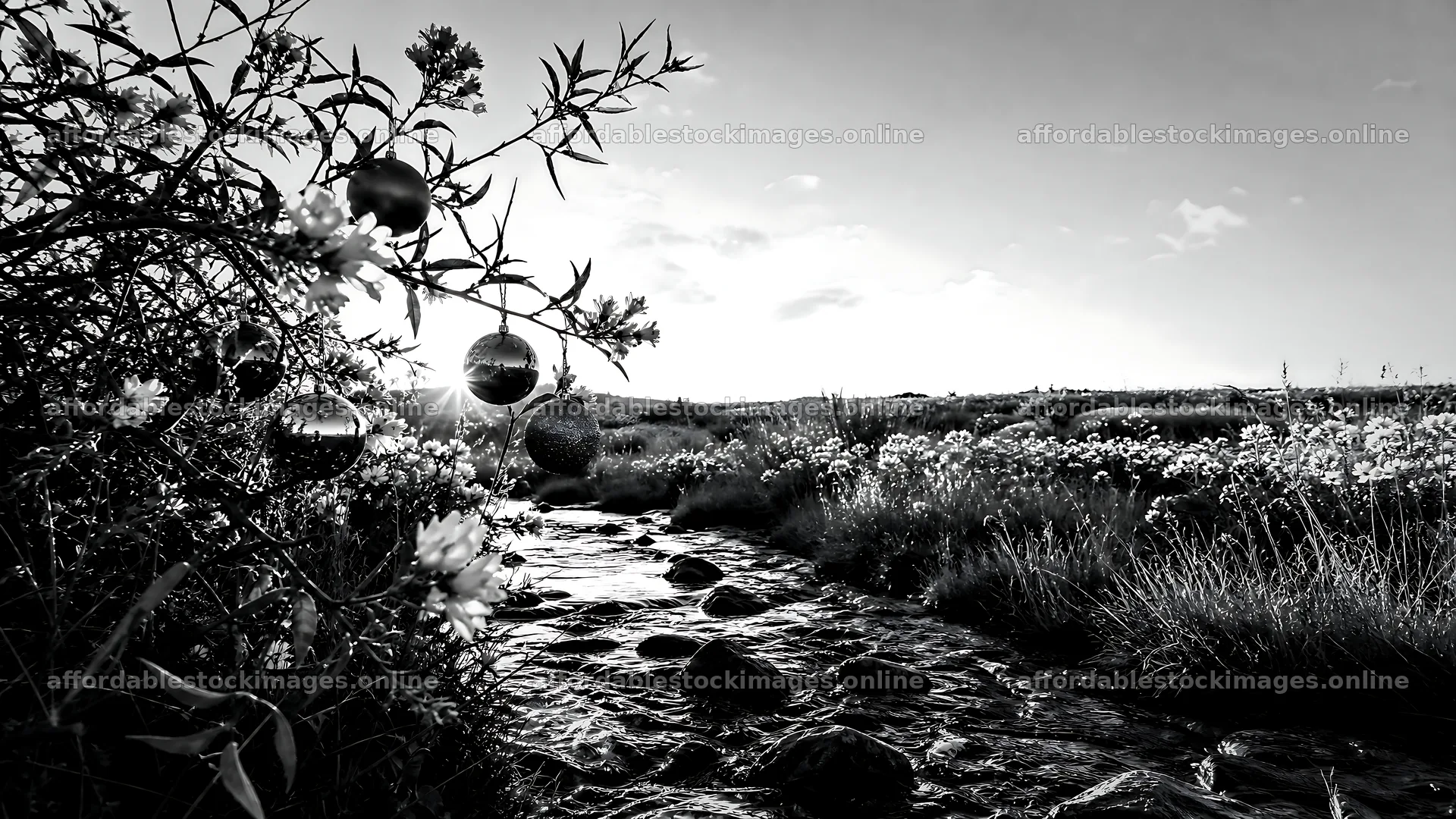 Christmas ornaments above stream in meadow – stock images 10584x5952