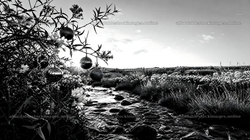 Christmas ornaments above stream in meadow – stock images 10584x5952