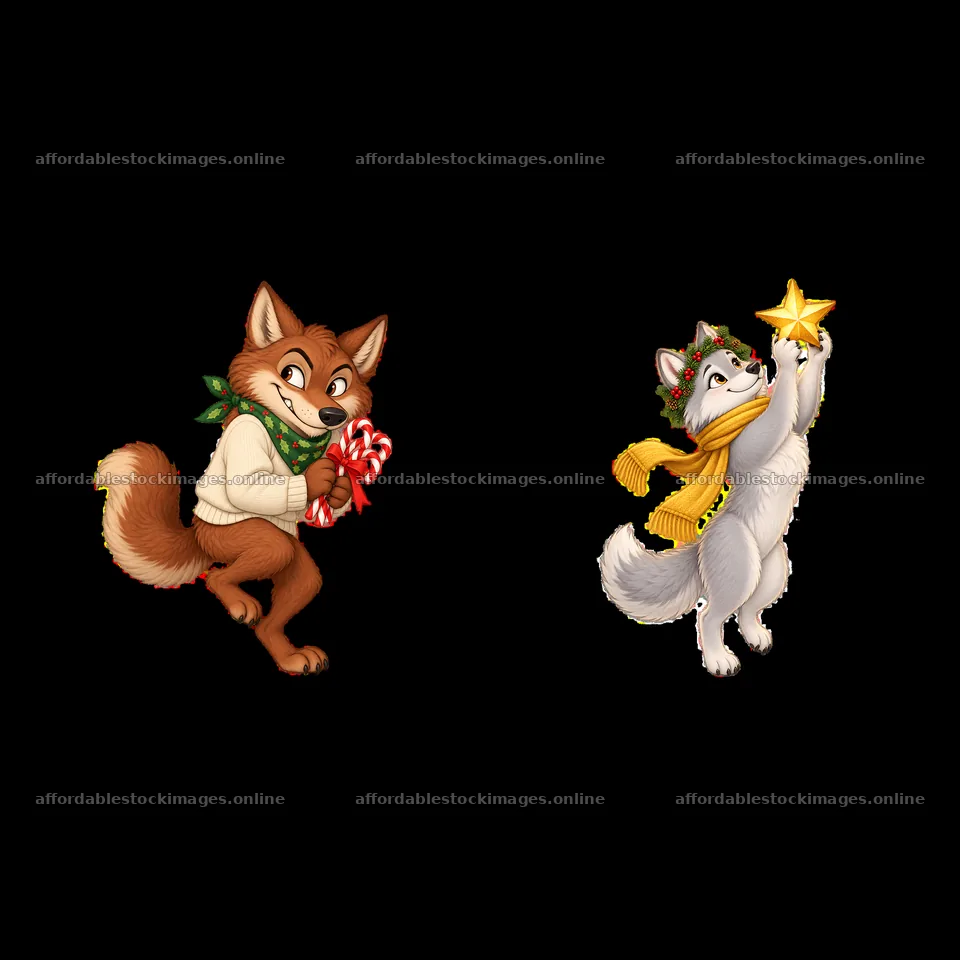 Wolf characters celebrating Christmas with candy and a star – stock images 7746x7746