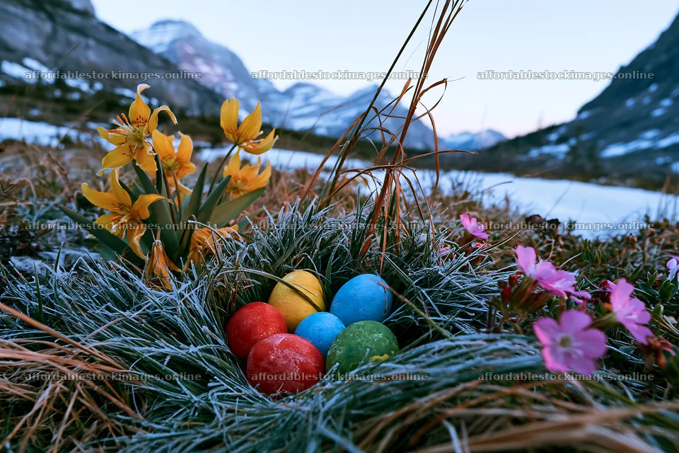 Winter meadow with colored eggs and flowers in Banff National – stock images 9722x6480