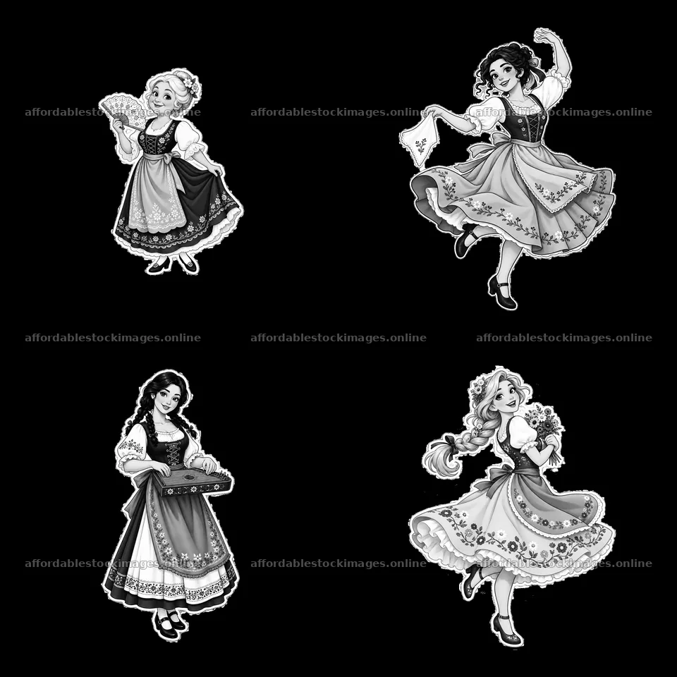 Women in folk dress holding accessories in a monochrome layout – stock images 7746x7746