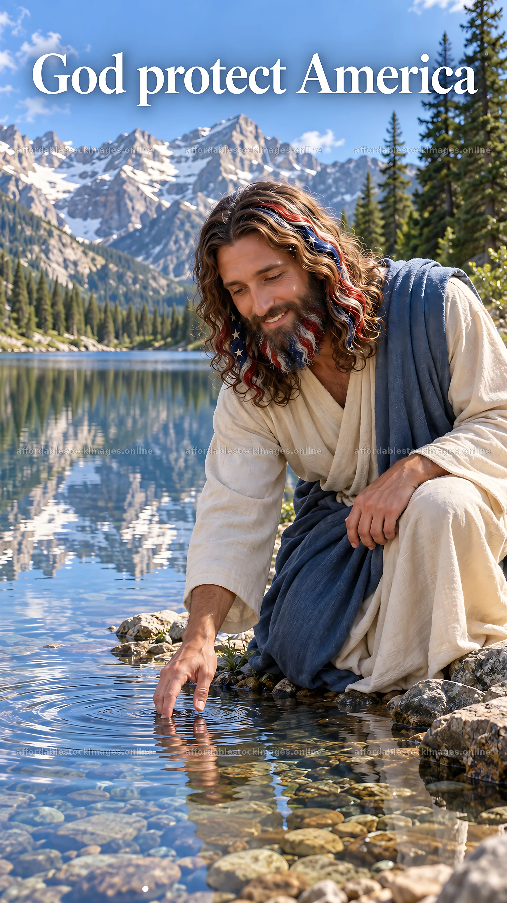 Jesus Christ comforting by a mountain lake – stock images 5808x10331