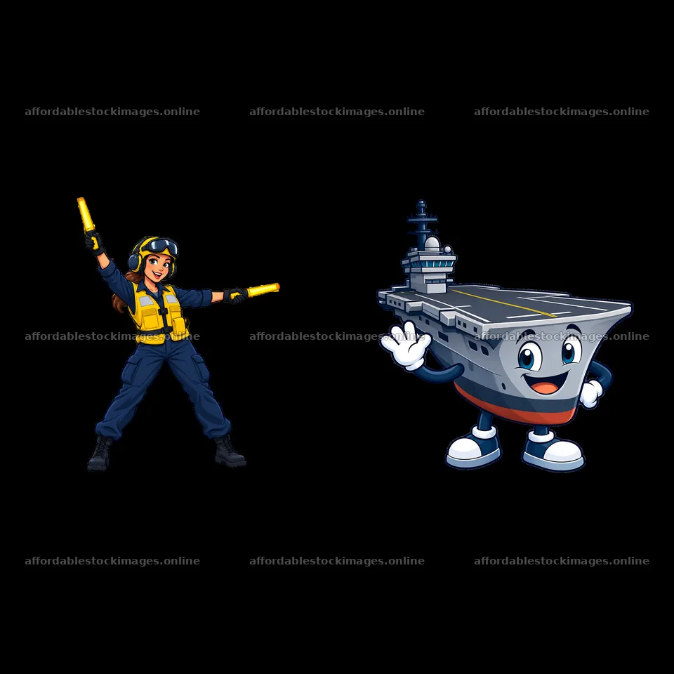 Cartoon characters of aircraft carrier with a female crew member – stock images 7746x7746
