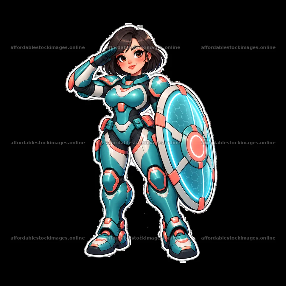 Kawaii futuristic super-soldier character saluting with a shield – stock images 7746x7746