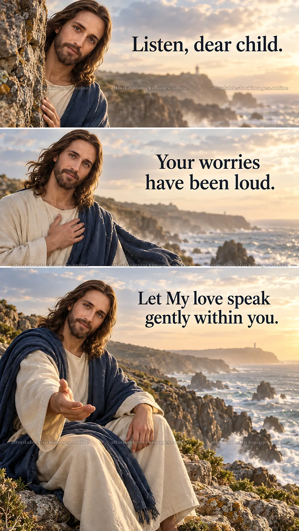 Jesus Christ speaks comfort to a worried child – stock images 5811x10326