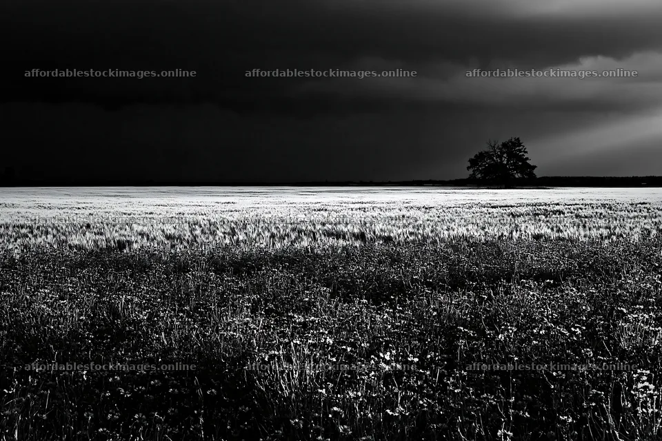 Cornflower meadow with dark sky and lone tree in the distance – stock images 9722x6480