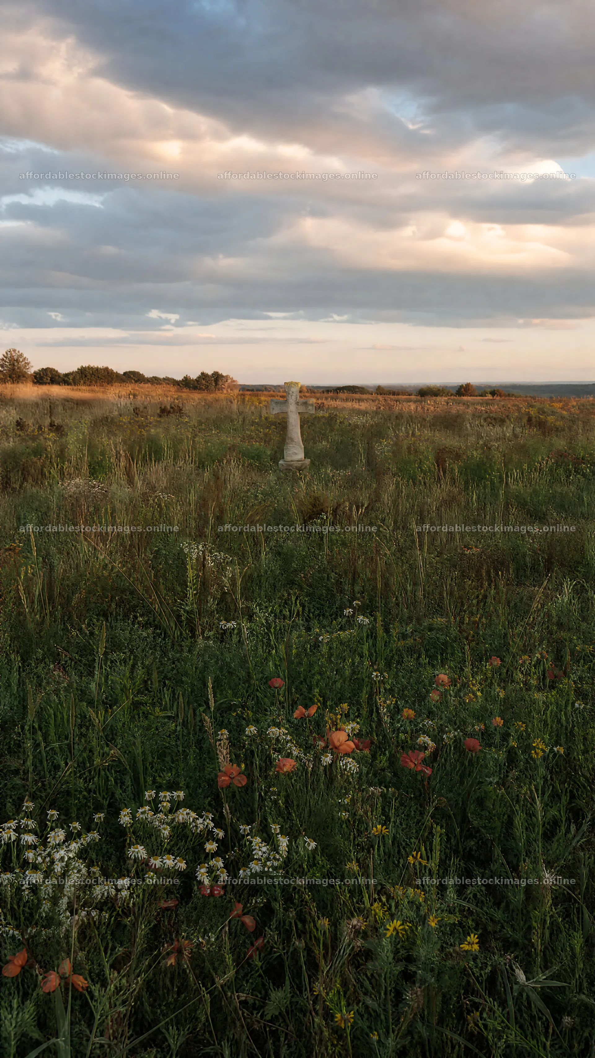 Christian cross in autumn meadow with soft copper light – stock images 5952x10584