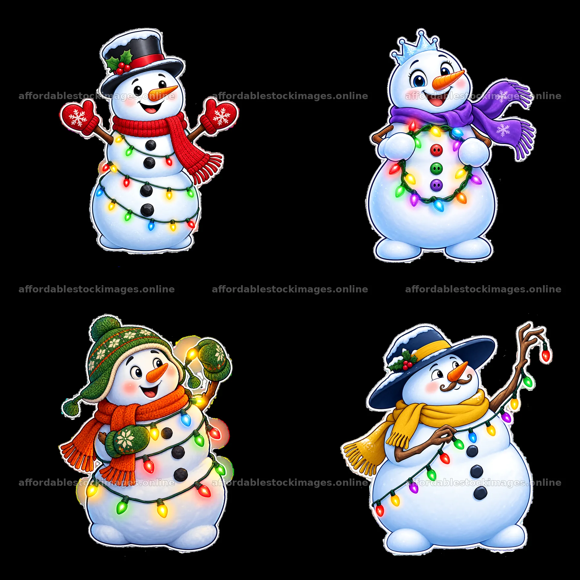 Snowmen decorated with string lights in a festive layout – stock images 7746x7746