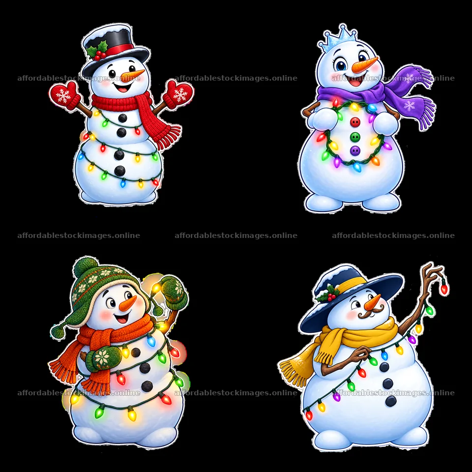 Snowmen decorated with string lights in a festive layout – stock images 7746x7746