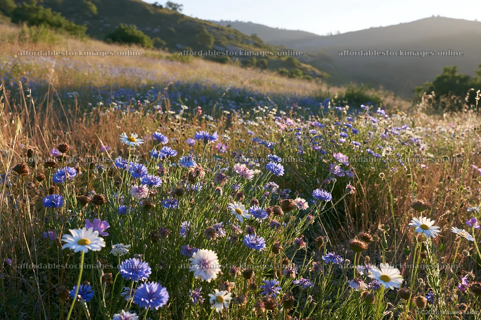 Wildflowers bloom in a regenerative meadow at sunset – stock images 9722x6480