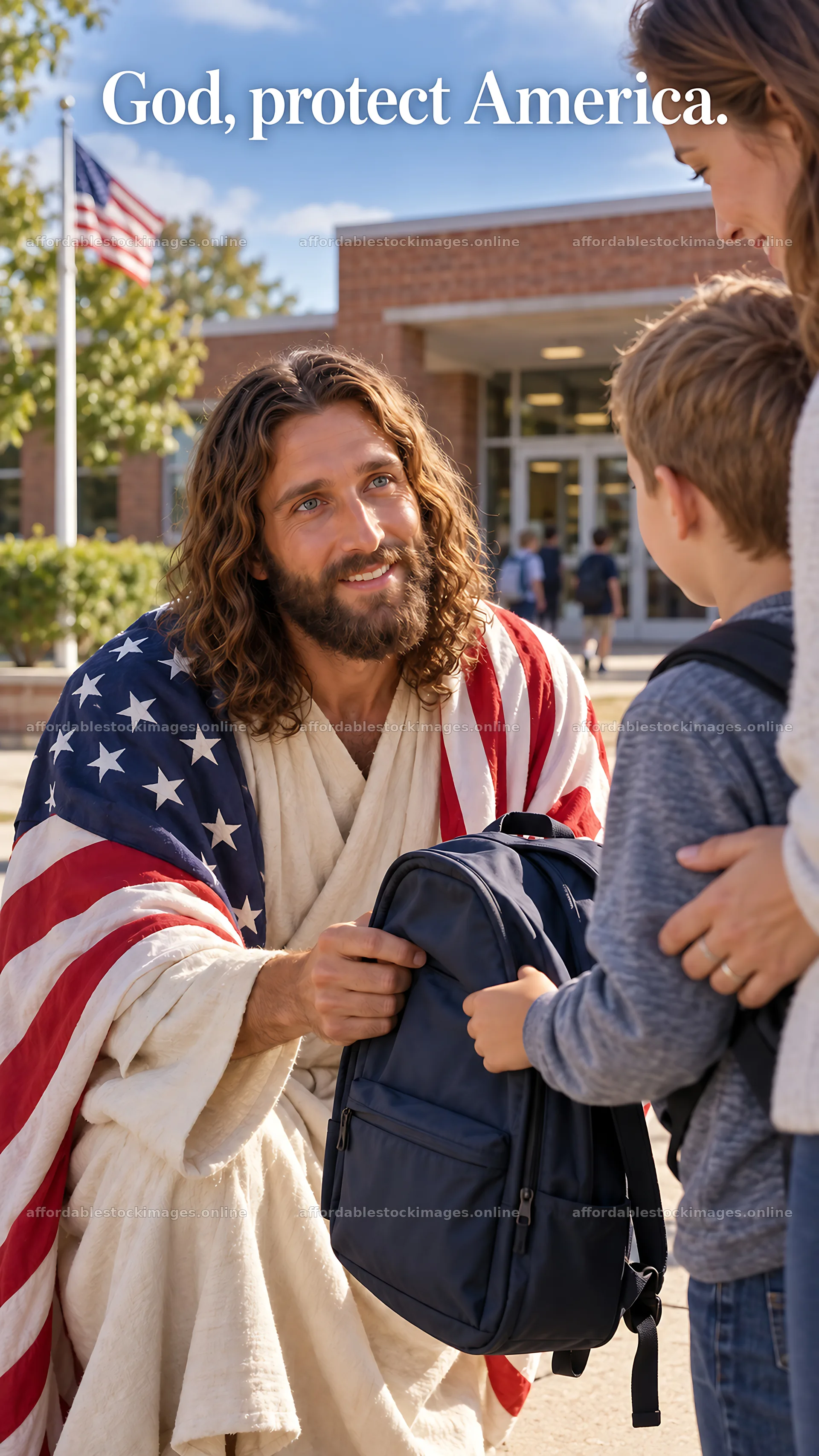 Jesus Christ comforting a child outside a school – stock images 5811x10326