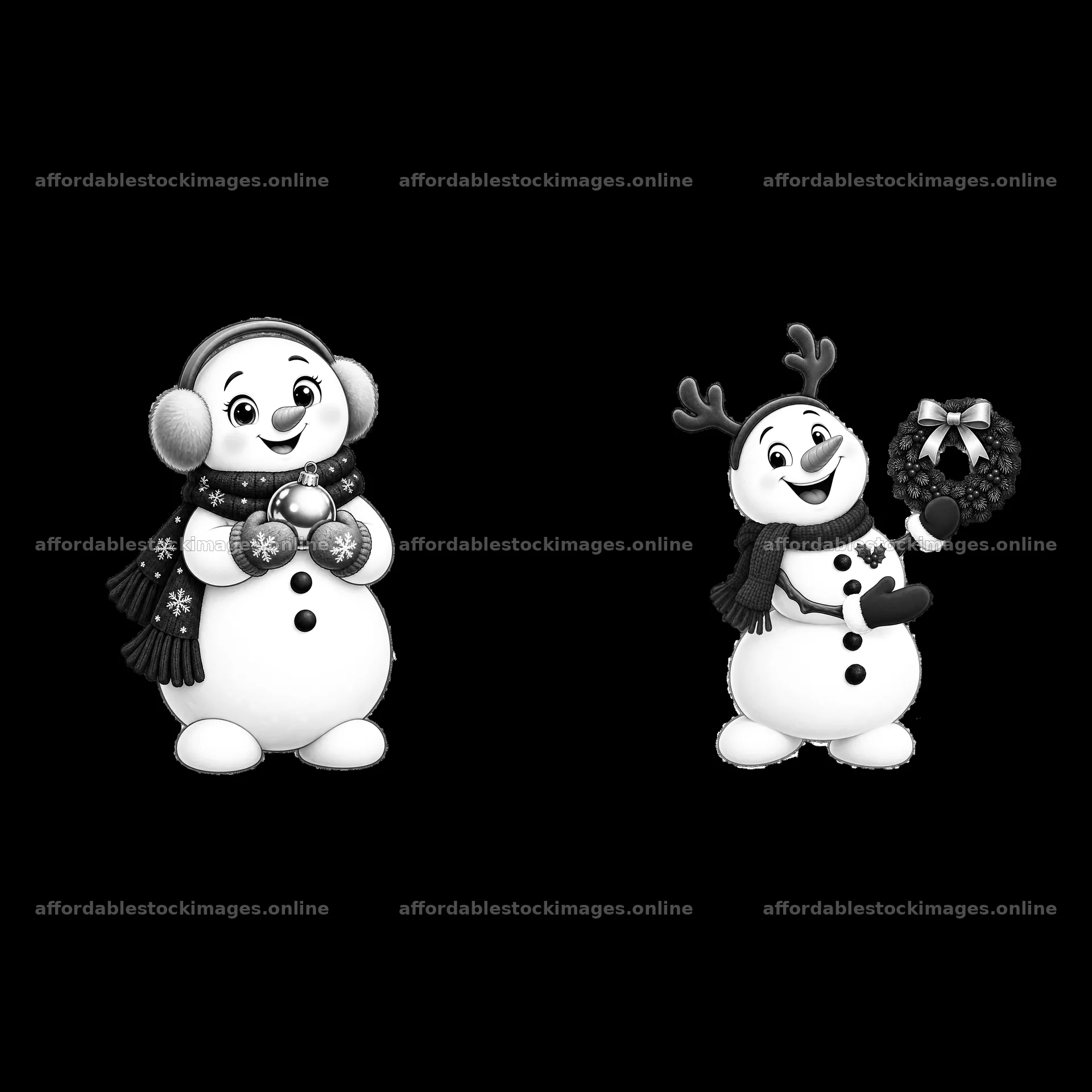 Christmas snowman with ornaments and reindeer holding wreath – stock images 7746x7746