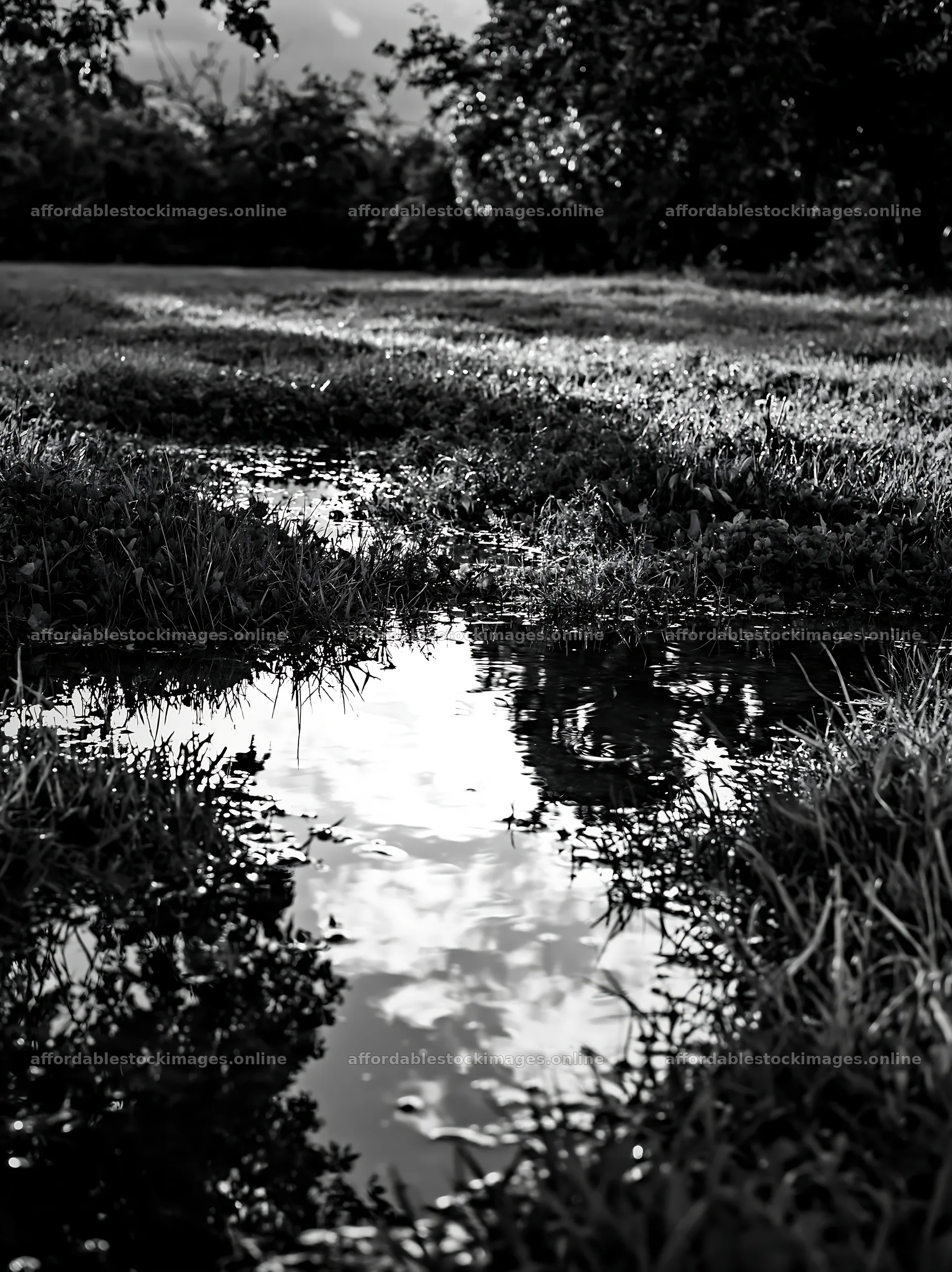 Clover meadow with reflection and standing water in black and – stock images 6866x9174
