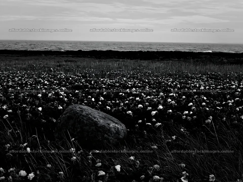 Aomori climate resilient meadow with boulder under cloudy sky – stock images 9174x6866