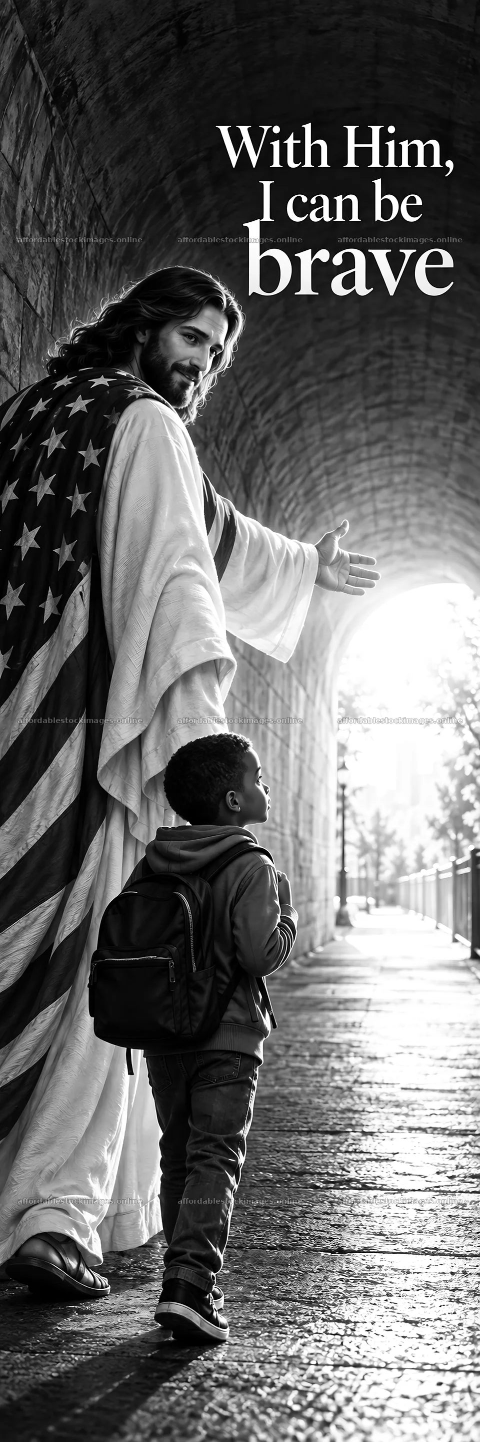 Jesus Christ guiding a child through a stone pathway – stock images 4472x13417