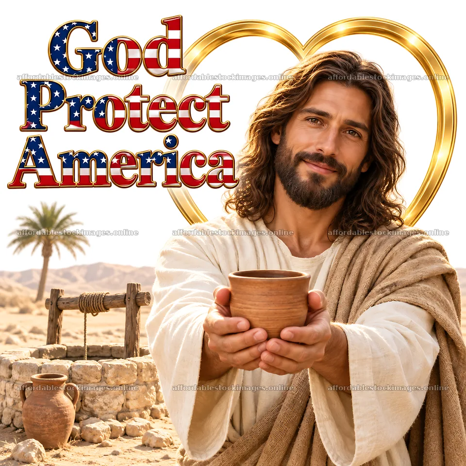Jesus Christ welcomes with a cup in a desert setting – stock images 7746x7746