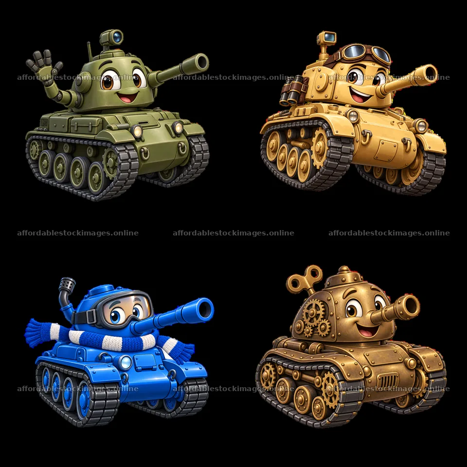 Four cartoon tanks with cheerful characters and vibrant colors – stock images 7746x7746
