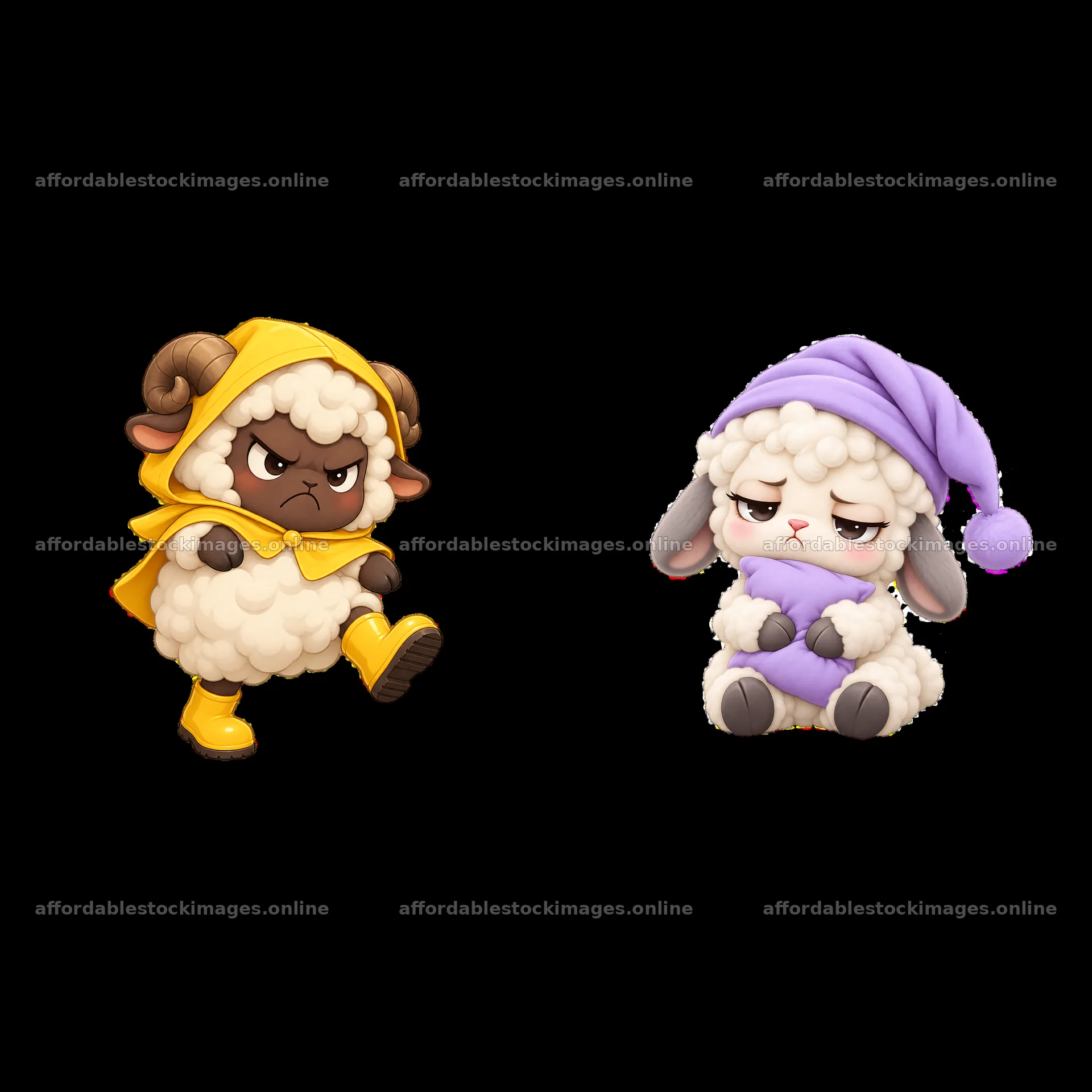Kawaii grumpy sheep in playful and sleepy poses – stock images 7746x7746