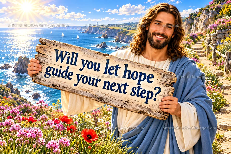 Jesus Christ inviting viewers to let hope guide their next step – stock images 9487x6325