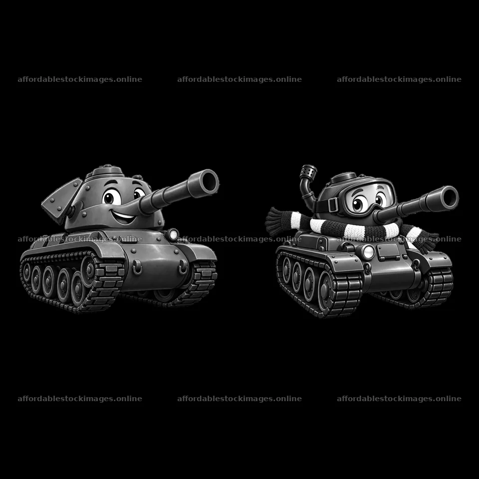 Cartoon tanks with smiles and accessories in black and white – stock images 7746x7746