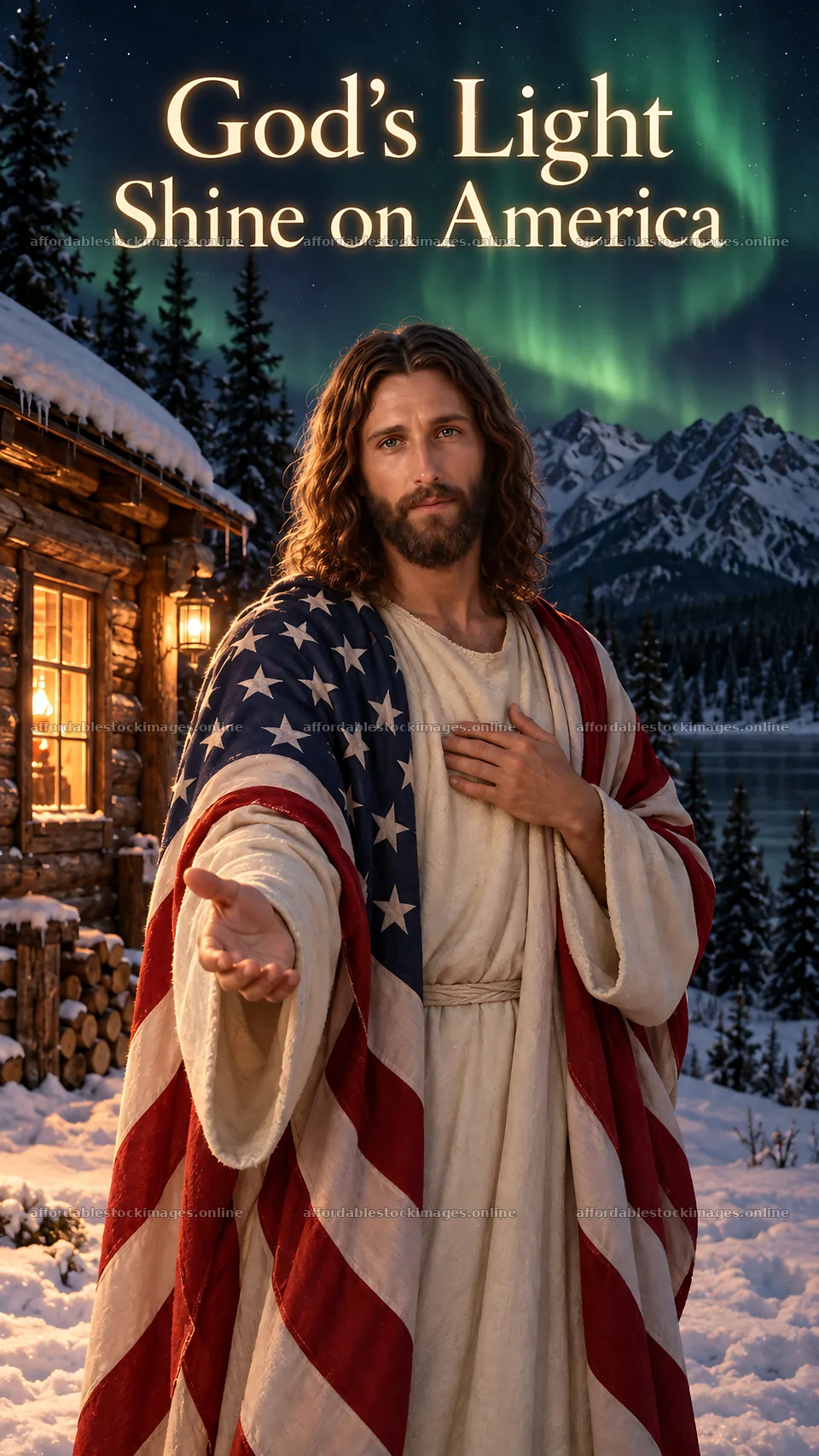 Jesus Christ welcomes with an American flag in a winter scene – stock images 5811x10326