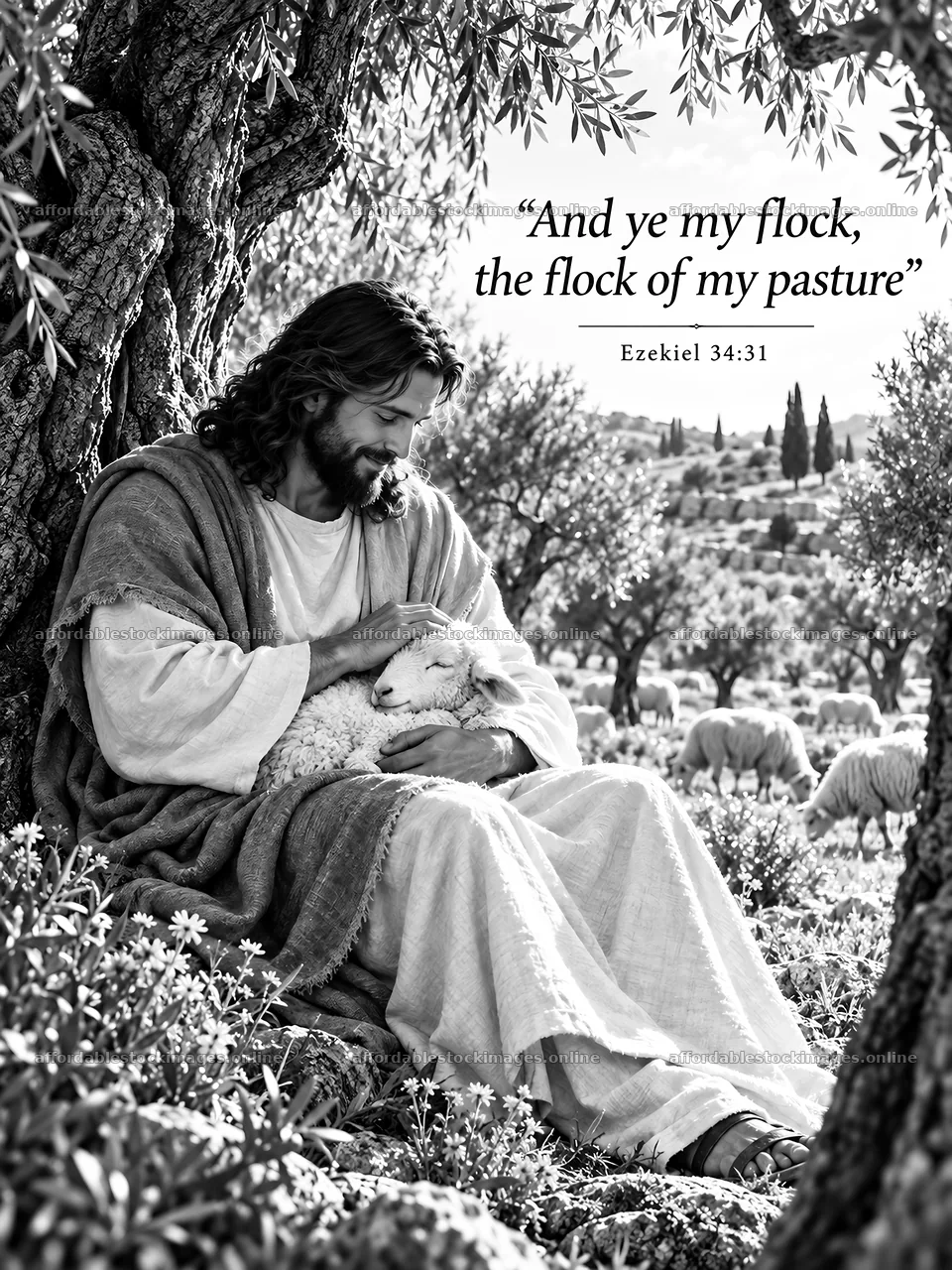Jesus Christ caring for sheep in a peaceful setting – stock images 6708x8945