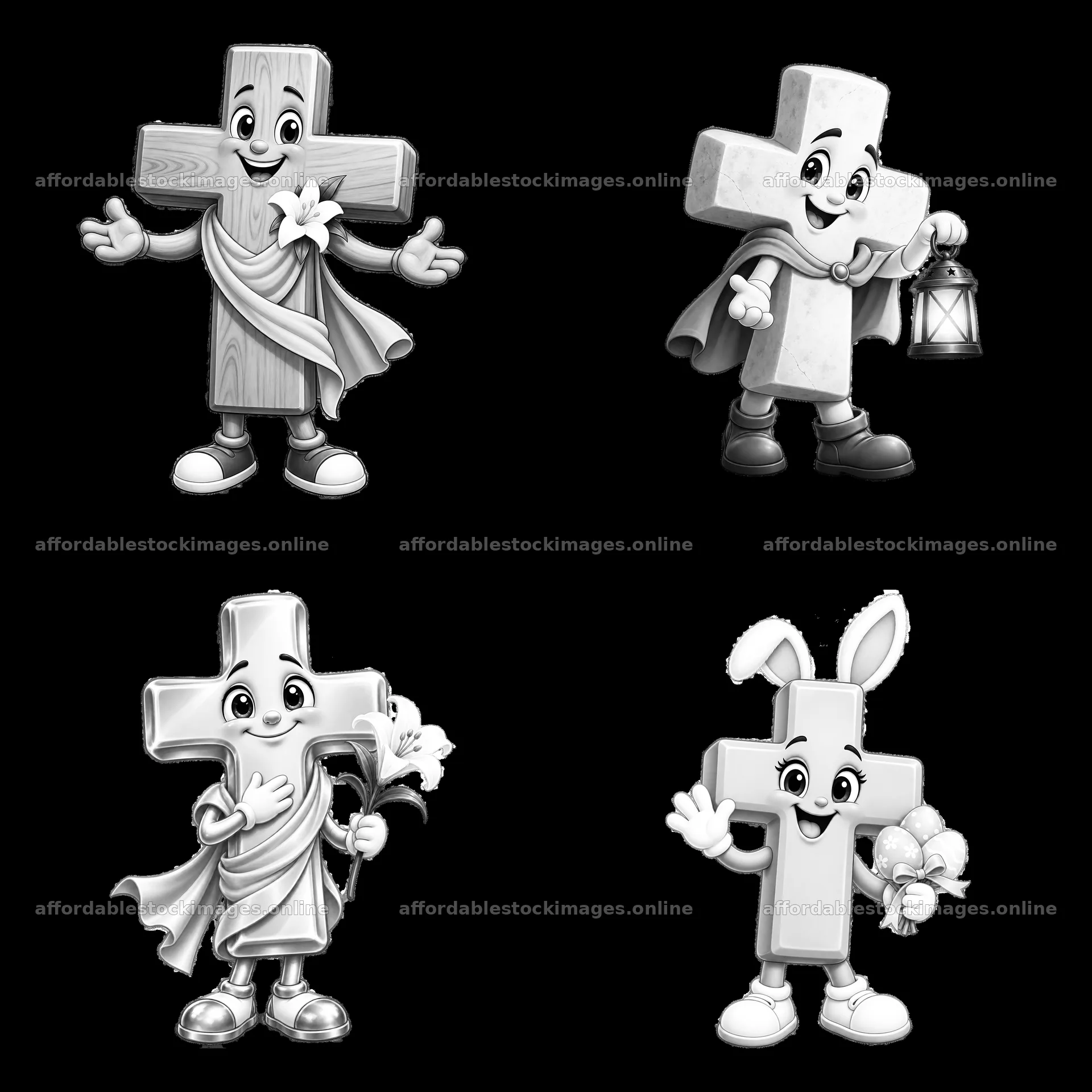 Easter cross characters with accessories in black and white – stock images 7746x7746
