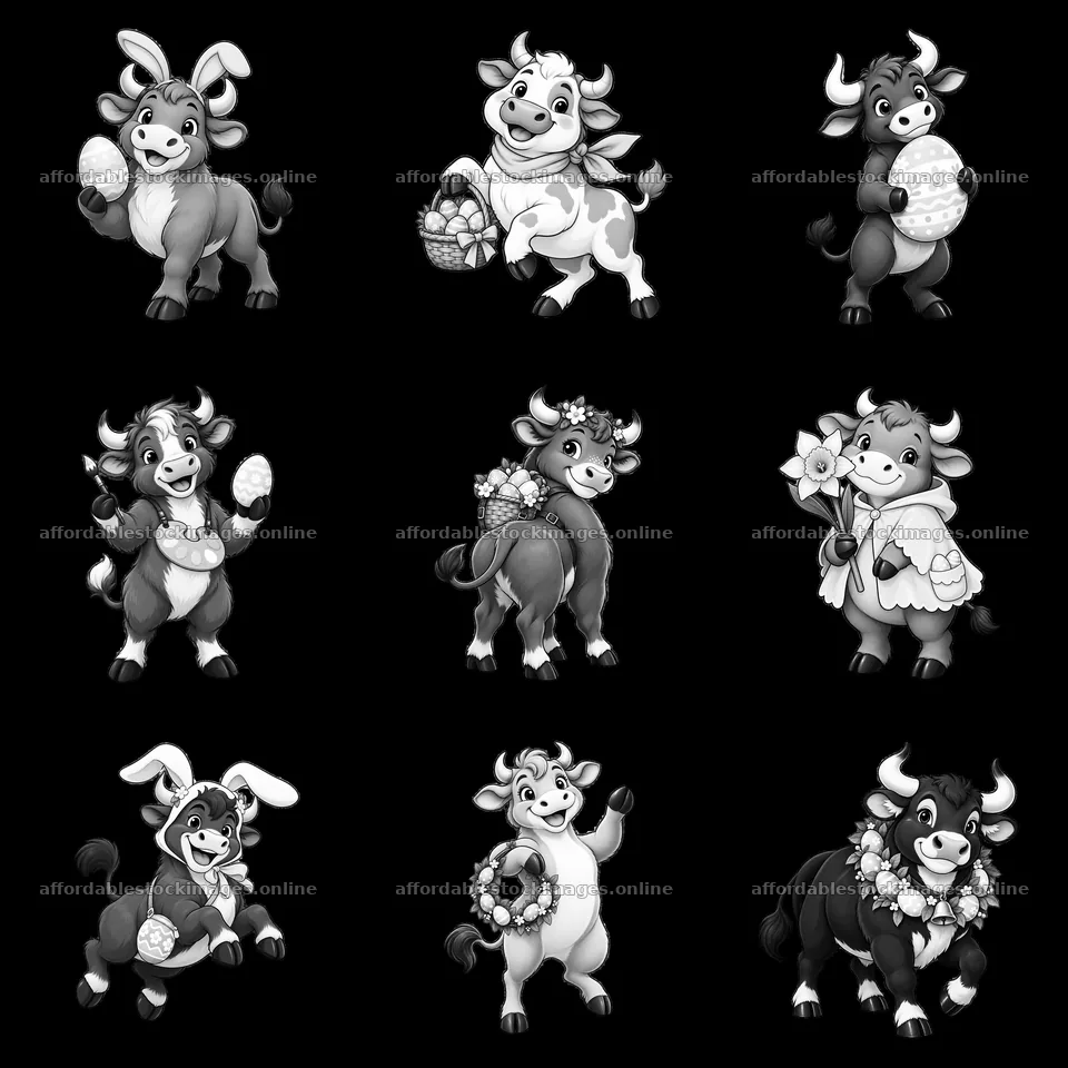 Easter ox cartoon characters in a 3x3 arrangement – stock images 7746x7746
