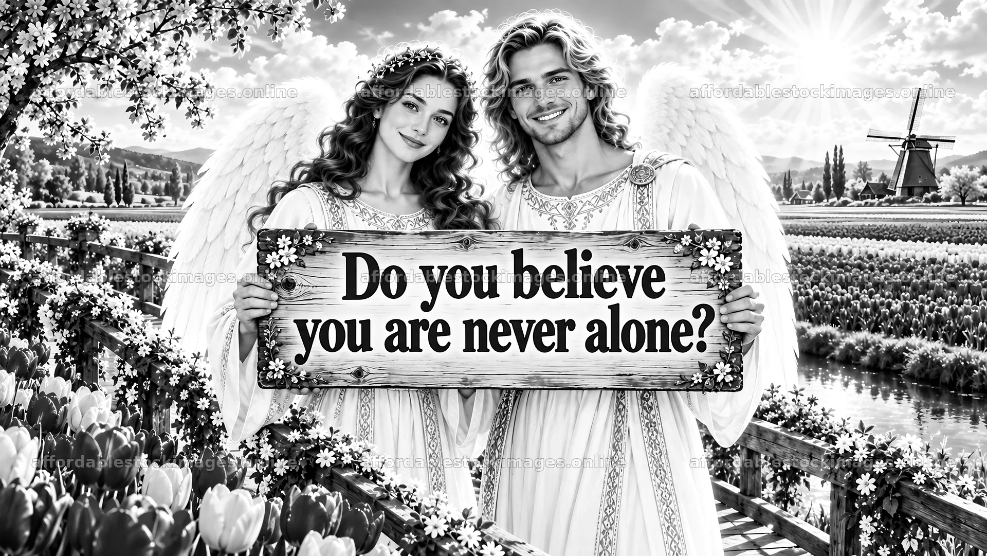 Jesus Christ with angels sharing a message of companionship – stock images 10324x5812