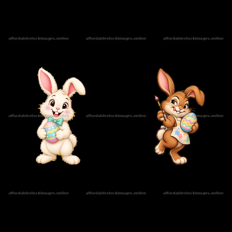 Easter bunnies with decorated eggs and painting tools – stock images 7746x7746
