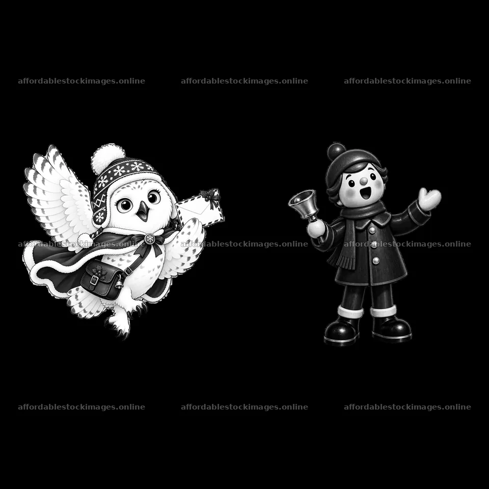 Christmas owl with bell and child in winter outfit – stock images 7746x7746